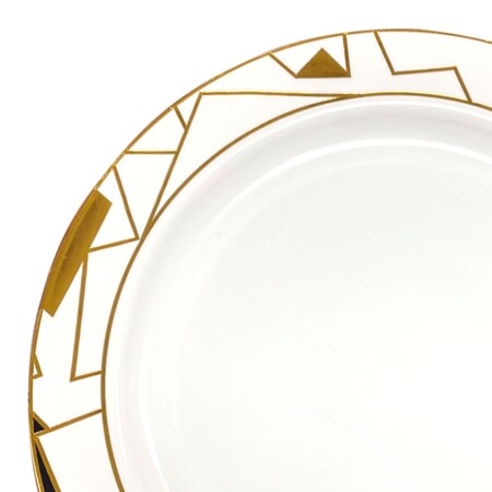 Smarty Had A Party 10.25" White w/Black and Gold Abstract Squares Pattern Round Plastic Dinner Plates, 120 Plates, 120PK 4810BG-CASE
